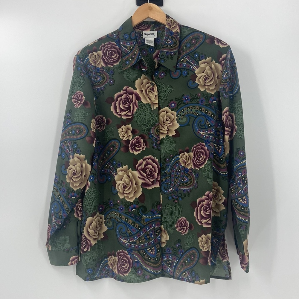 VINTAGE Bon Worth dark green floral old world rose romantic cottage core blouse